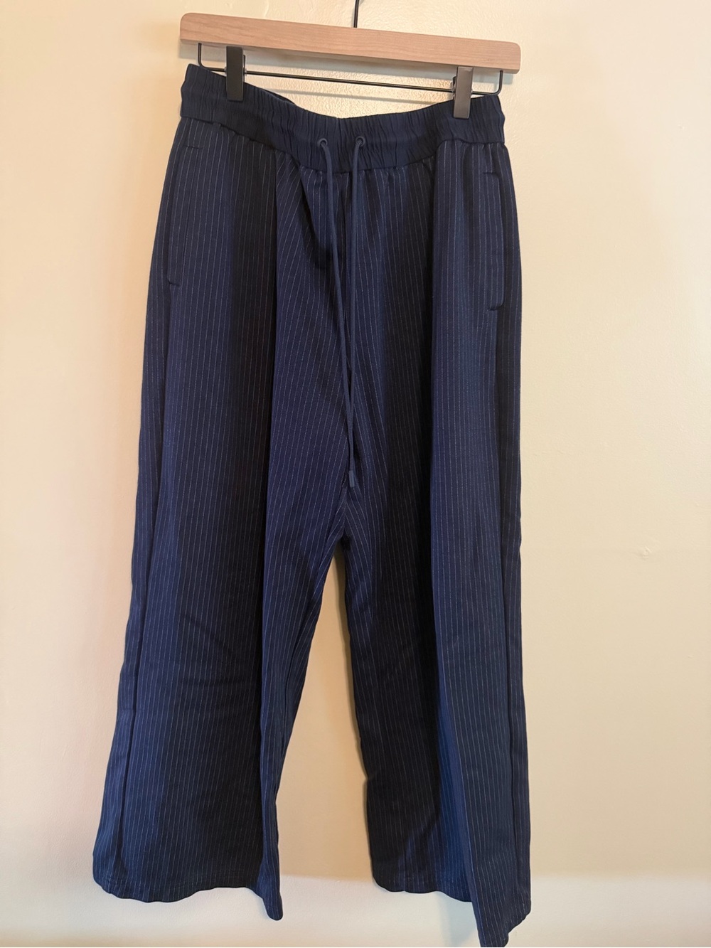 Wide Leg Drawstring Pinstripe Pants - Navy